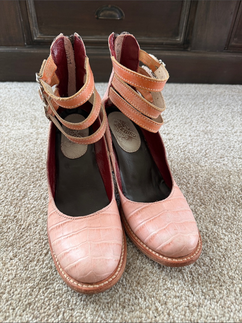 Freebird pink crocodile heeled with straps